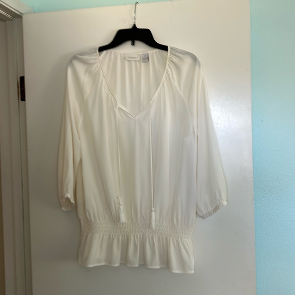 Chicos pull over blouse with gathered waist size 2 cream color 3/4 sleeve